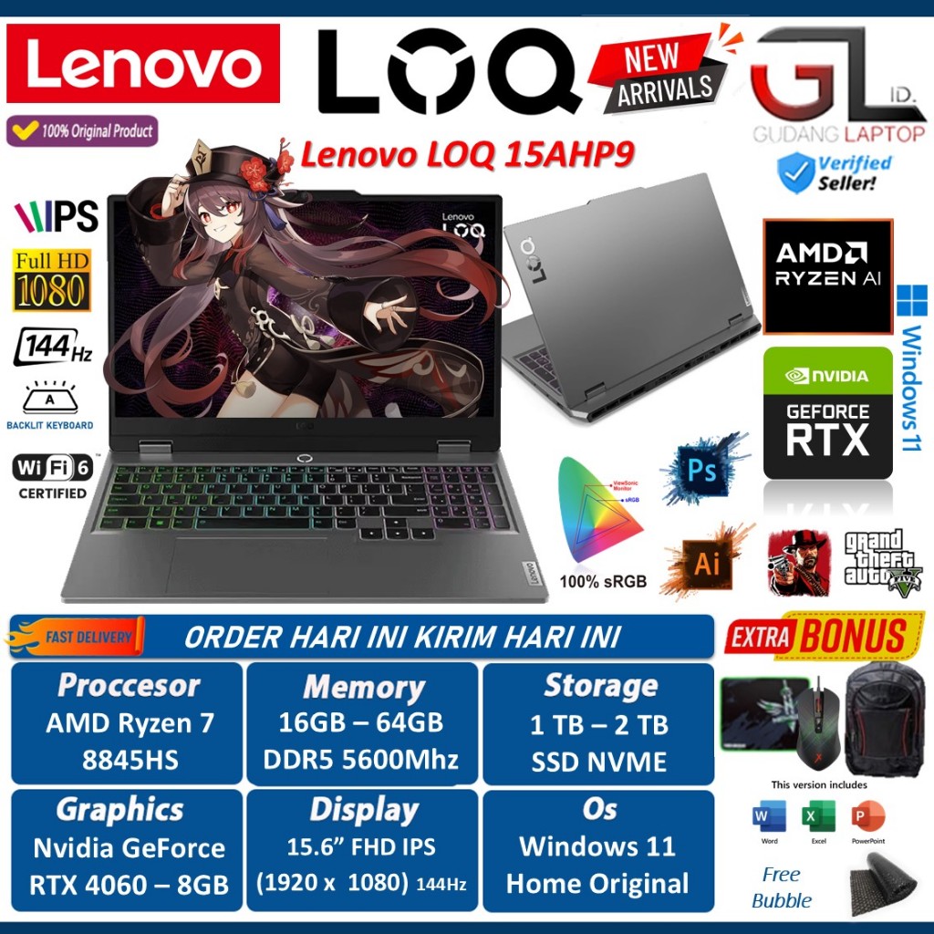 Lenovo LOQ Gaming 15 Ryzen 7 8845HS Ram 64GB Ssd 1TB Nvidia RTX4060 8GB 15.6FHD IPS 144Hz 100% SRGB
