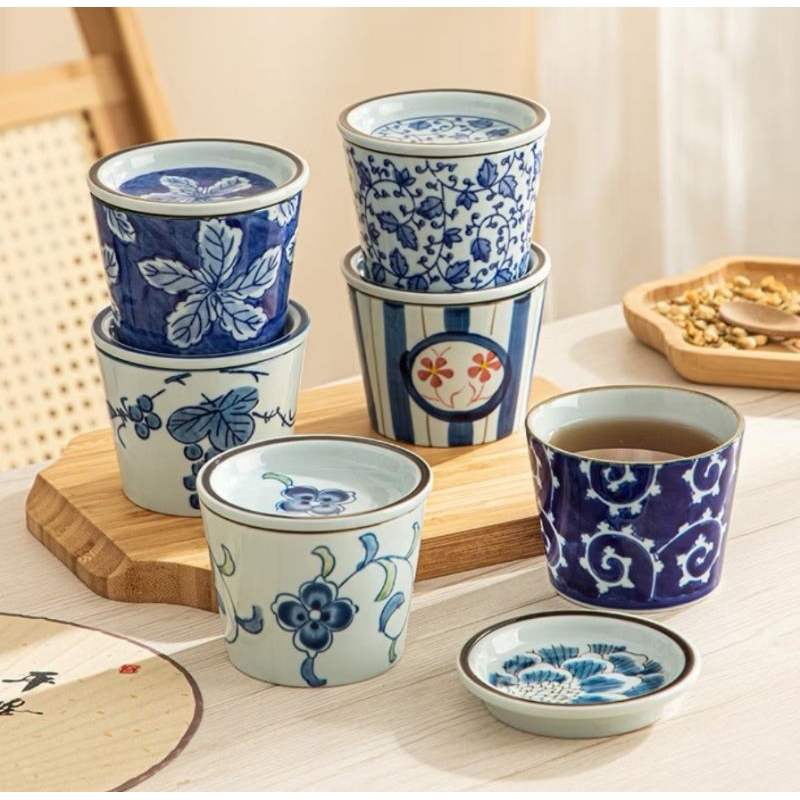 SATUAN Gelas Mug Keramik Ocha Teh Dessert Air dengan Tutup Tatakan Tahan Panas Motif Lembut dan Prem