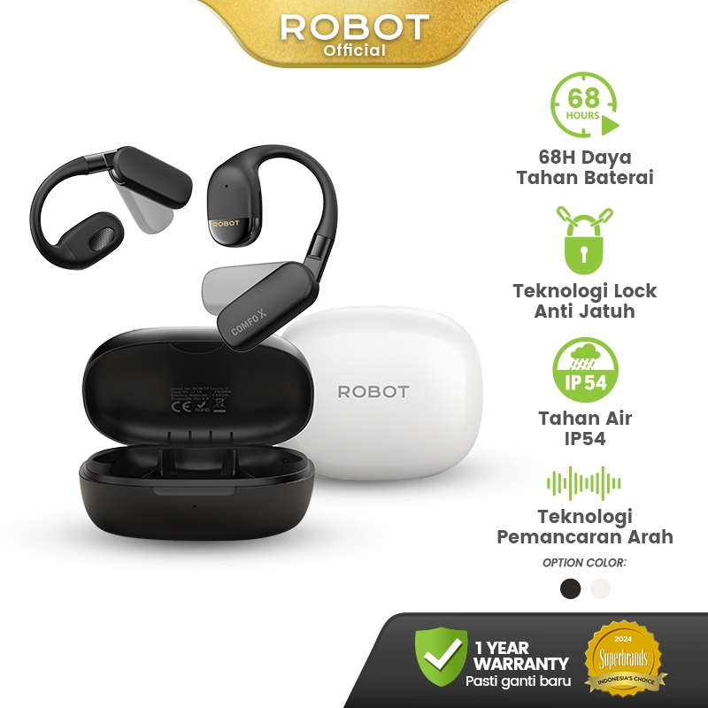 ROBOT Comfo X Earphone Bluetooth V5.4 | Teknologi Anti Jatuh & Lipat, Cocok Semua Telinga Aman Saat 