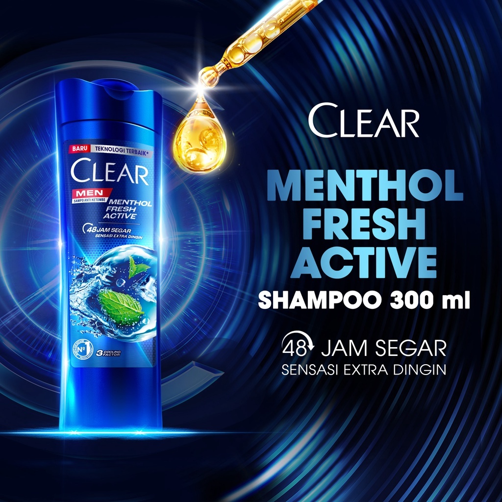 CLEAR Men Shampoo Anti Ketombe Menthol Fresh Active dengan 3 Cooling Factor untuk kesegaran hingga 4