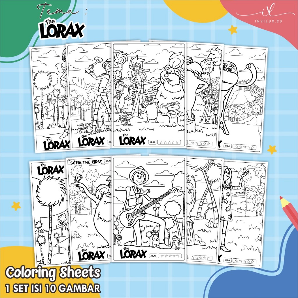 

[A4 - THE LORAX] KERTAS GAMBAR UNTUK ANAK - LEMBAR MEWARNAI ANAK 1 SET ISI 10 LEMBAR GAMBAR