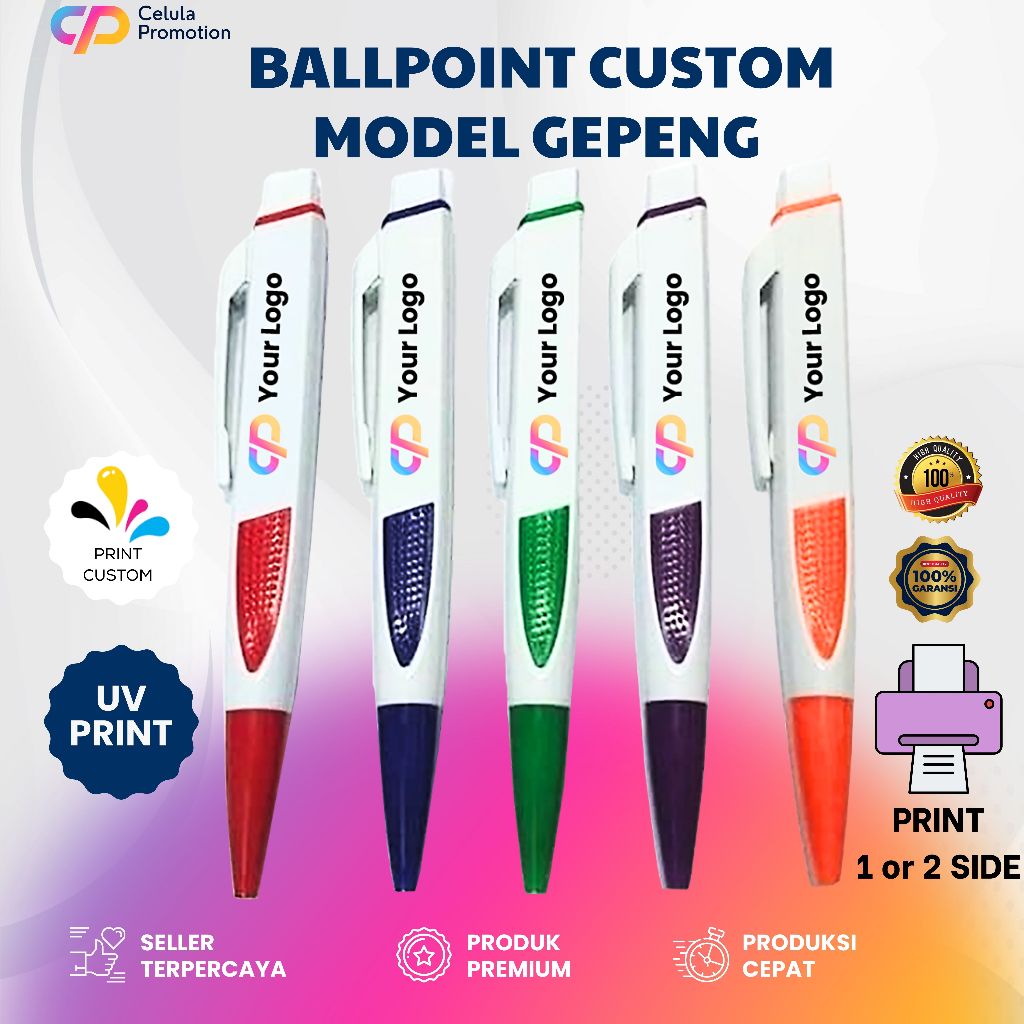 Ballpoint Gepeng Custom Logo Nama Souvenir Acara Kantor Seminar Premium
