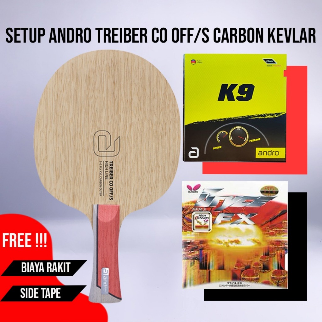 Paket Bat Tenis Meja Pingpong Rakitan Andro Treiber CO OFF/S Carbon Outer Kevlar Andro K9 Butterfly 