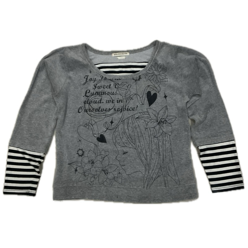 Grey Cropped Graphic Tee 2000s/Y2k Stripes | Japanese Graphic T-Shirt