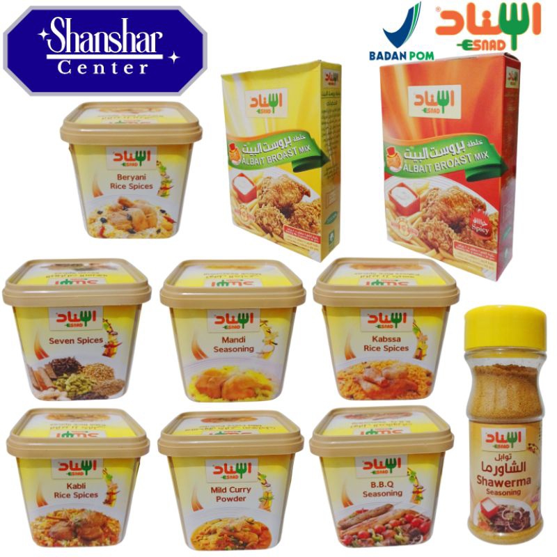 

Varian Lengkap Esnad Bumbu Instan Nasi Mandhi - Bumbu Nasi Biryani - Bumbu Nasi Kabsa - Bumbu Nasi Kebuli - Bumbu Barbeque - Bumbu Mild Curry - Bumbu Seven Spice(Tujuh Rempah) BPOM