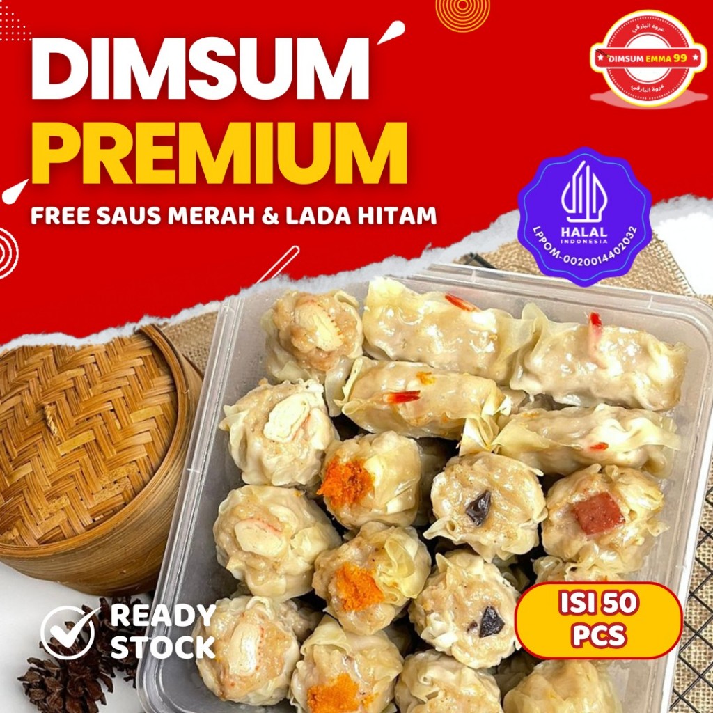 

Dimsum Ayam Premium isi 50 Frozen Free Saus Merah & Lada Hitam