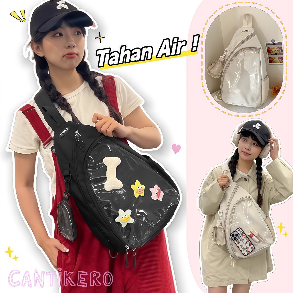 CANTIKERO Tas Dada Wanita Selempang Transparant Pvc Gaya Model Wanita Korea Tas Chest Bag Pria Retro