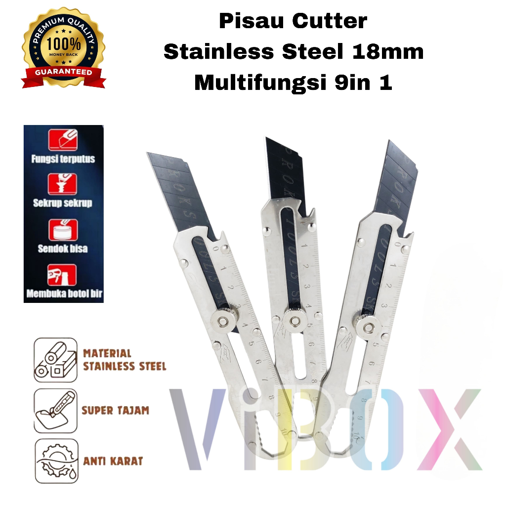 

Vibox Cutter Stainless stanless Cuter Pisau Tajam Baja Multifungsi Kunci Pas 9in1 Pemotong Serba Guna Terlaris SML