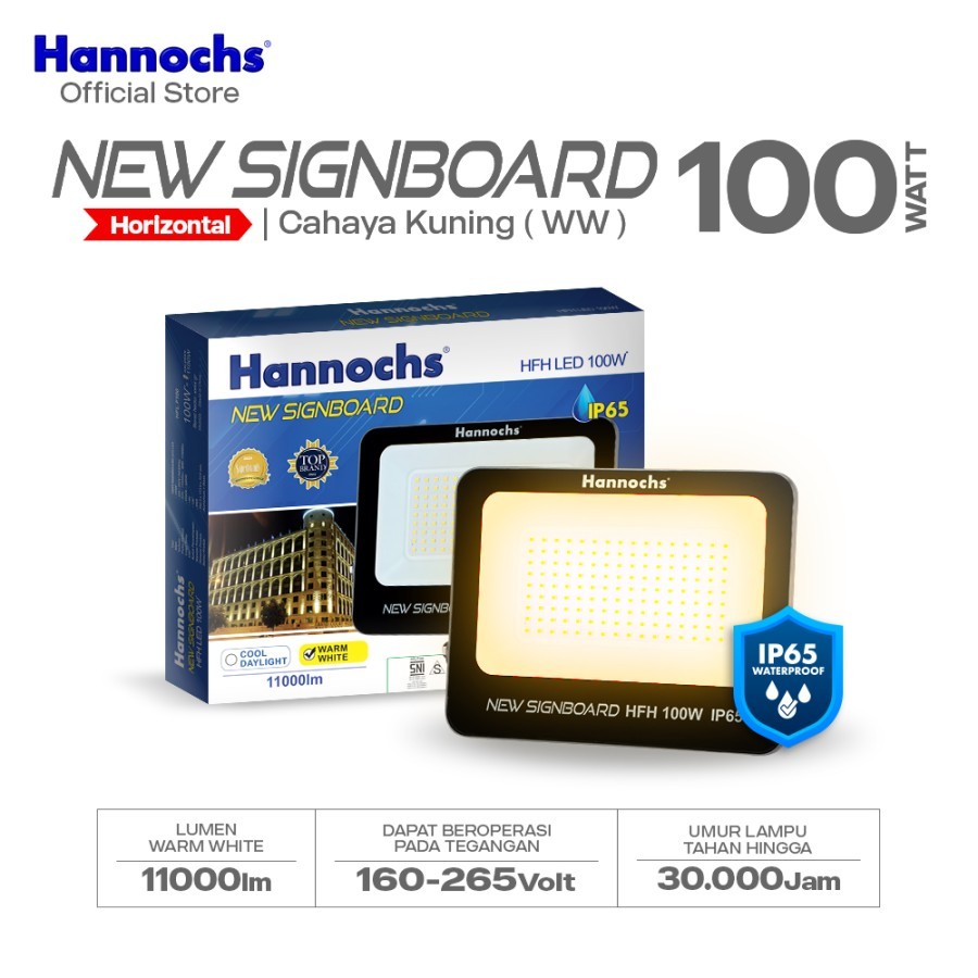 Hannochs Lampu Sorot 100W Cahaya Putih/Kuning LED Flood Light New Signboard Hannochs 100Watt
