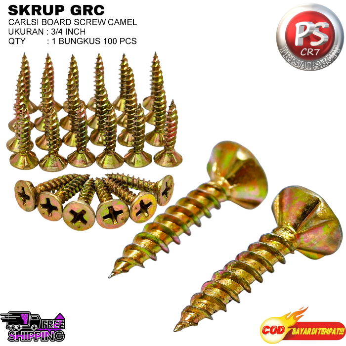 Terangbenderang_ Skrup Grc Ukuran 3/4"Inchi 2Cm 1Bungkus Isi 100Pcs/Baut Skrup Obeng Kembang Grc