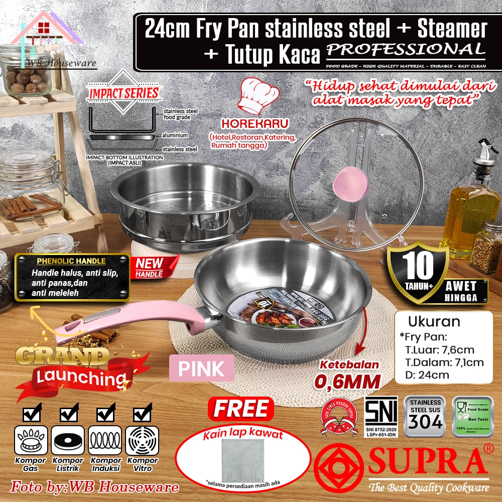 SUPRA Panci fry pan set 24cm + steamer + tutup kaca pink stainless steel SUS 304 professional chef s