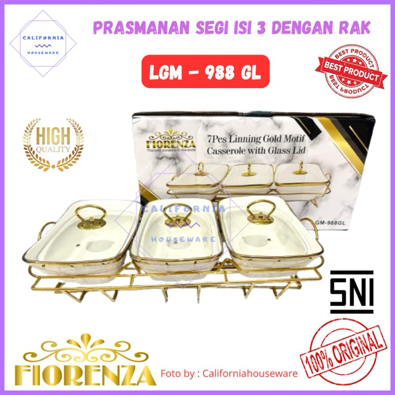 Prasmanan Set Segi Isi 3 + Tutup + Rak LGM 988 GL / Prasmanan Keramik FIORENZA / FIORENZA Prasmanan 