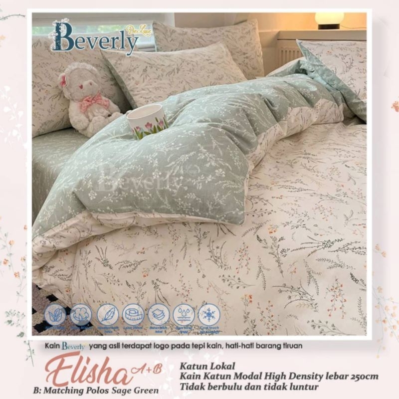 Bedcover + sprei anti geser katun beverly motif ELISHA || 2 variasi warna || putih dan hijau