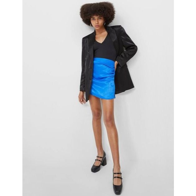 STRADIVARIUS BLUE SATIN RUCHED MINI SKIRT