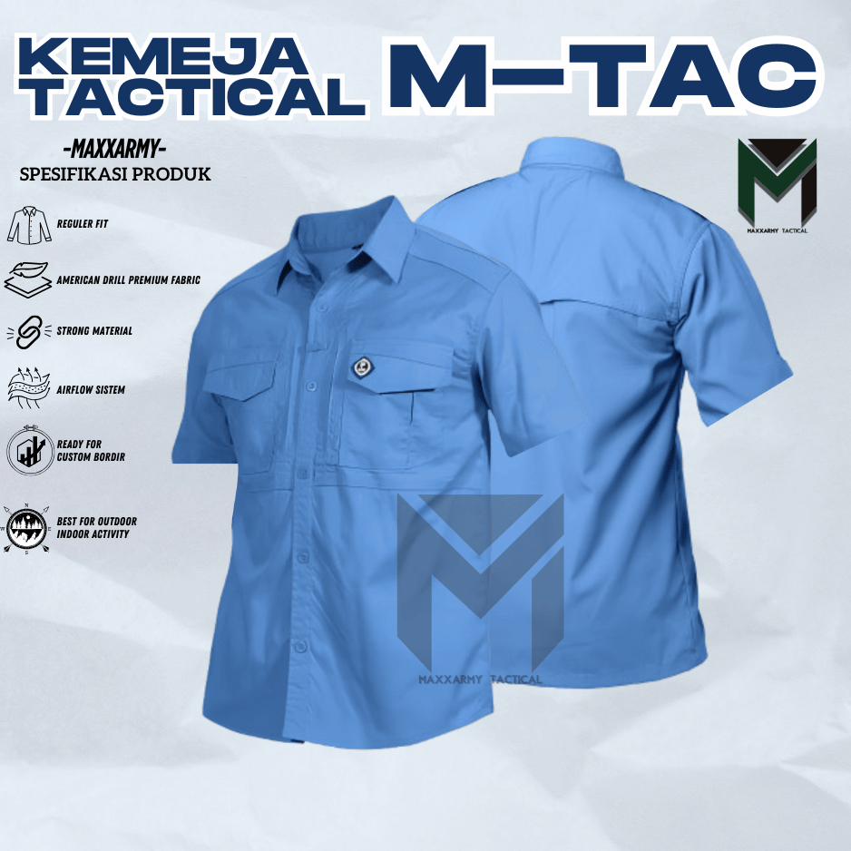 Kemeja Tactical MTAC Biru Langit Lengan Pendek Pria Wanita Baju Outdoor Lapangan Kerja Kantor Bordir