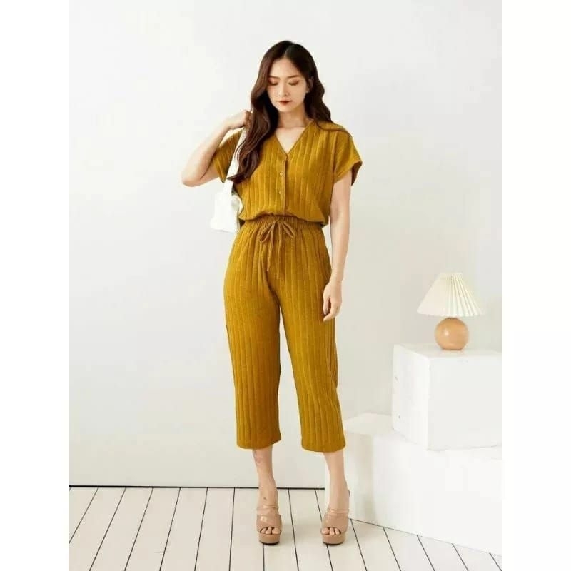 Setelan Kemeja Wanita Bahan Knit Hornet Celana 7/8