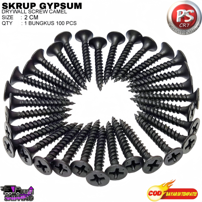Skrup Gipsum Ukuran 2cm 1Bungkus isi 100pcs (100biji)Baut Skrup Gipsum Obeng kembang Skrup Serbaguna