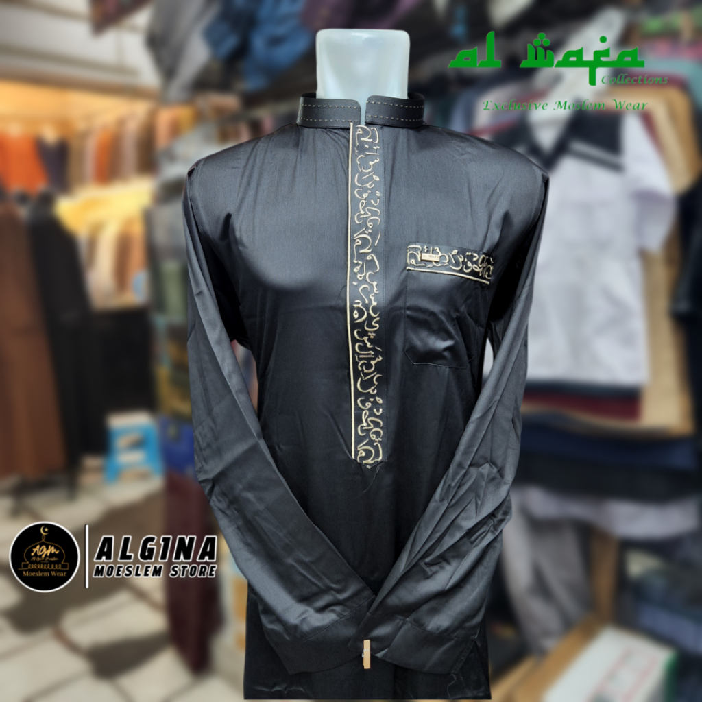 Gamis Al Wafa Hitam Lengan Panjang Cuff Bahan Satin Korea Bordir | Jubah Muslim Lengan Panjang Al Wa