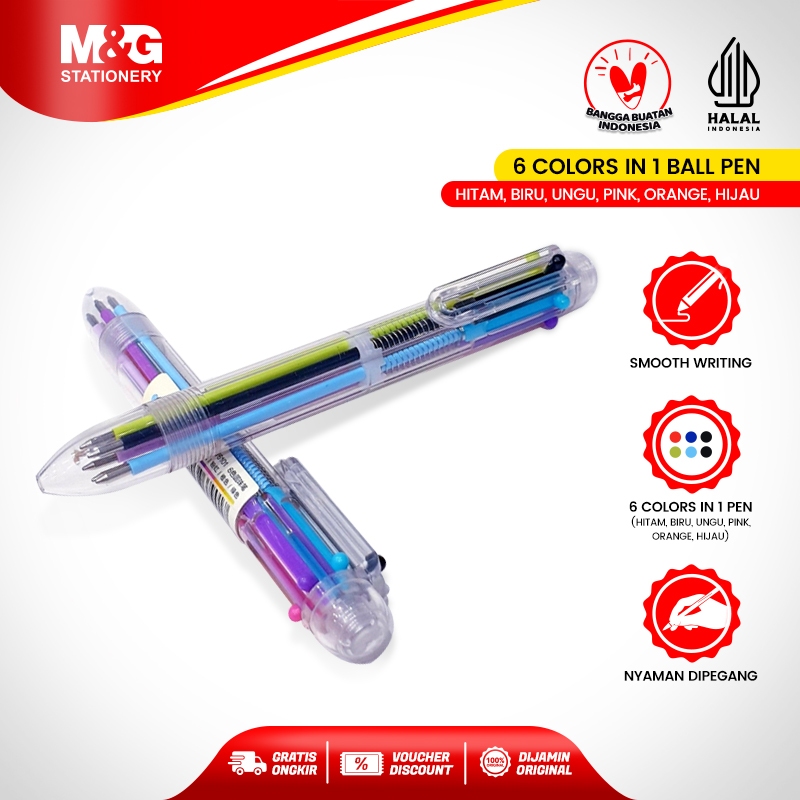 

M&G Pulpen 6 Colors in 1 Ball Pen 0.7mm Black/Blue/Purple/Pink/Orange/Green colorful Pena 6 warna dalam 1 pena