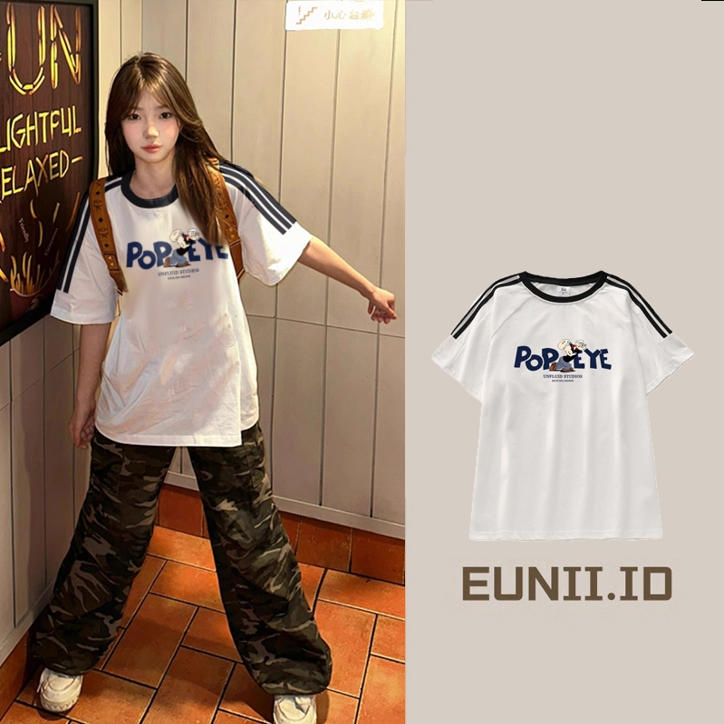 EUNII Kaos lengan pendek longgar kasual wanita Korea ukuran besar tiga garis/cetakan huruf biru/atas