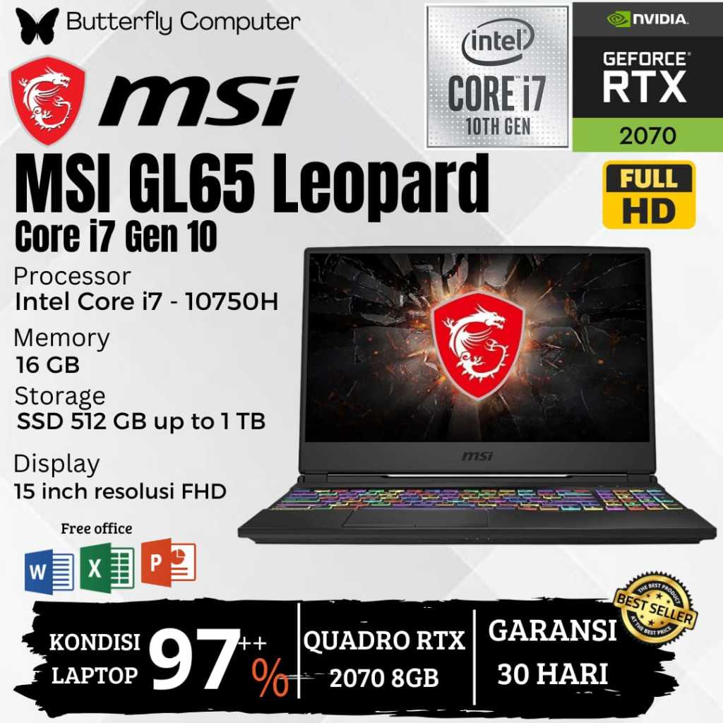 Laptop GAMING MSI GL65 Leopard Core i7 Gen 10 - RAM 16GB SSD 1TB - NVIDIA RTX 2070 8GB - Windows 11 