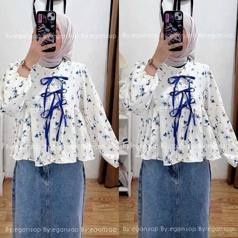 Blouse Korea Style Variasi Pita Rempel Motif Bunga