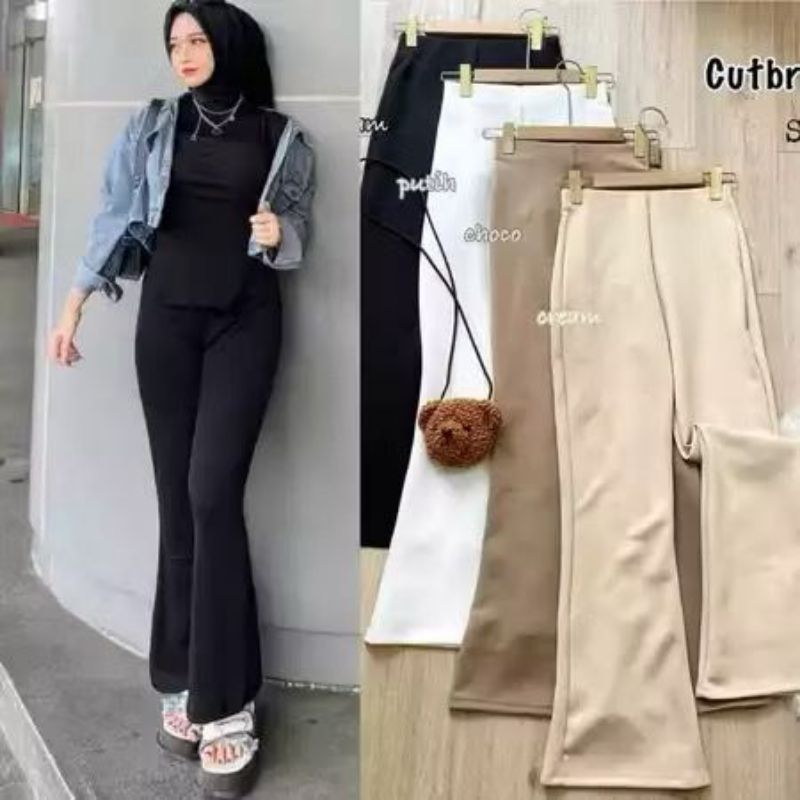 NEW Celana Fit And Flare Pants Cutbray Scuba Pinggang Highwaist Bahan Stretch Melar Elastis Kulot Cu
