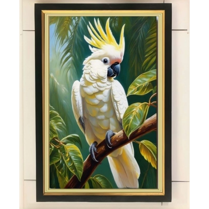 hiasan dinding lukisan cetak burung kakatua putih plus FIGURA ukuran 65*45