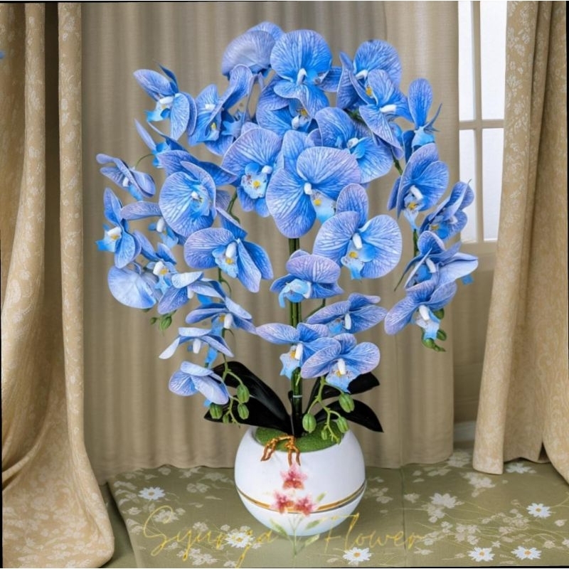 Bunga Anggrek Latex premium JUMBO Hiasan Ruang Tamu x9 Cabang 4 Dengan Pot/Vas Super Bola Dekorasi R