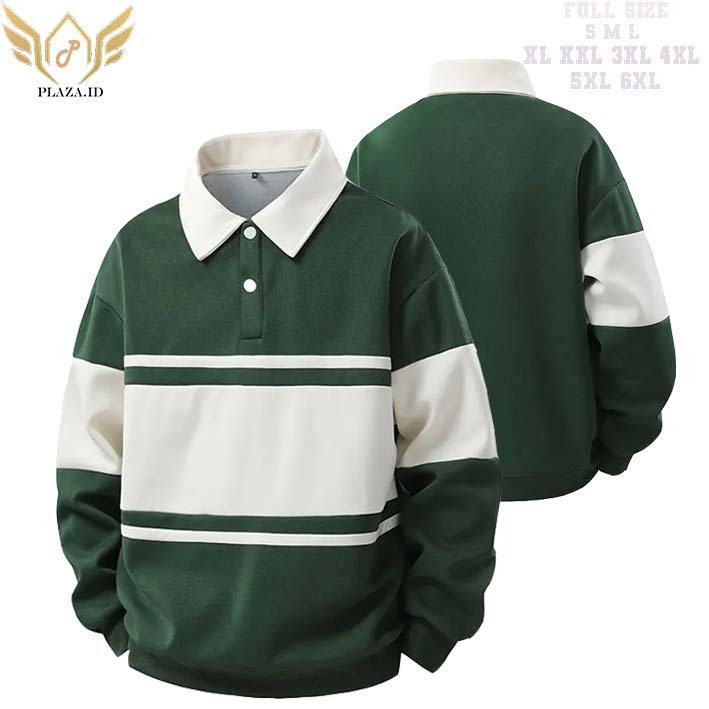 S M L XL XXL XXXL 3XL 4XL 5XL . SWEATER HALF  .Sweater Rugby Kancing List Kombinasi hijau botol. Swe