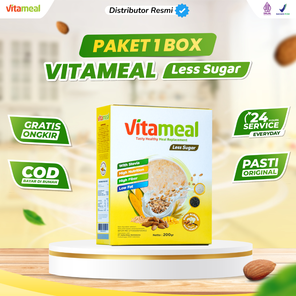 

VITAMEAL LESS SUGAR PAKET 1 BOX - Sereal Sehat Multigrain Rendah Gula Membantu Menurunkan Kolesterol Hipertensi Sesak Nafas Menyehatkan Jantung Makanan Sehat bisa Untuk Diet Meal replacement oat Cemilan Pengganti Tanpa Efek Samping