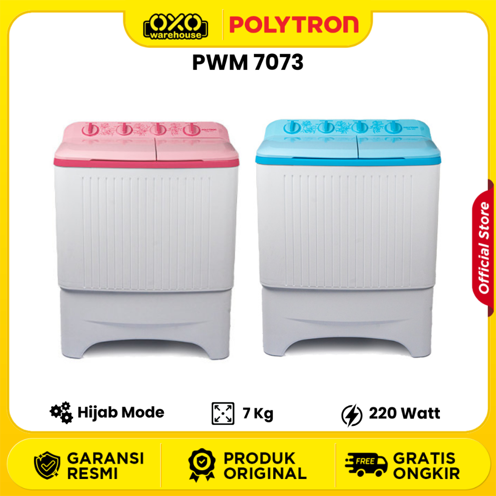 POLYTRON Mesin Cuci PWM-7073P/B 2 Tabung 7 Kg Hijab Mode Low Watt Garansi Resmi
