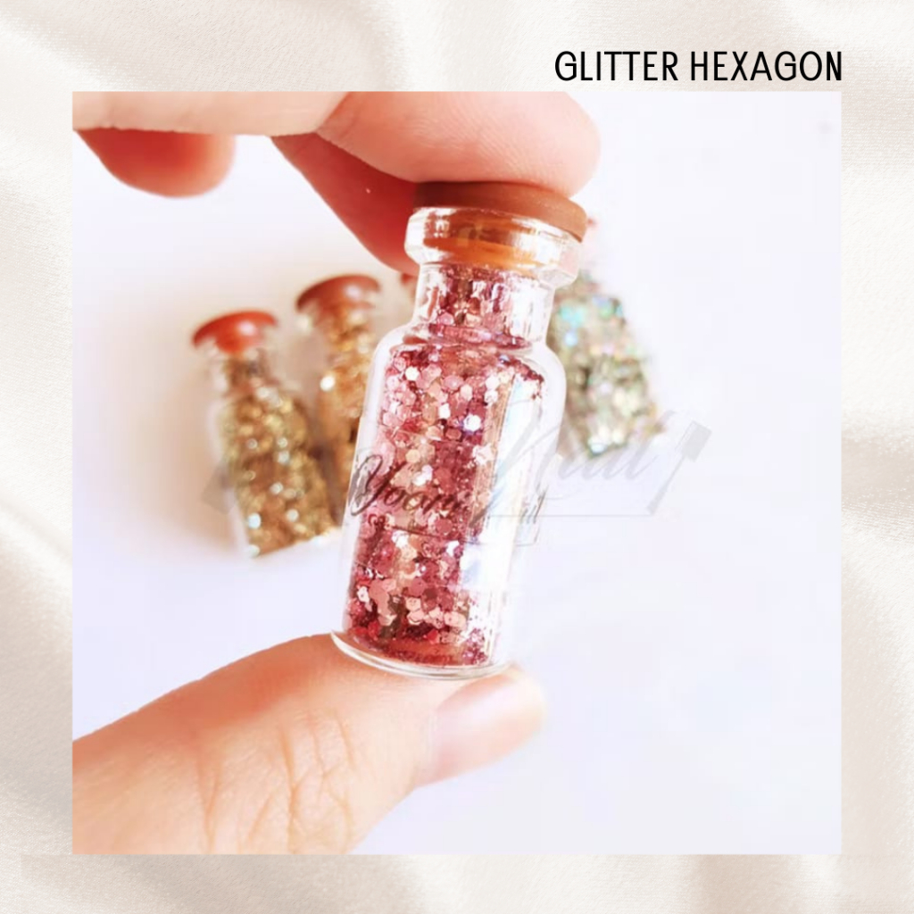 Glitter Botol Bubuk Hexagon Hologram Creme Light Brown Gold Silver Nail Art Gliter