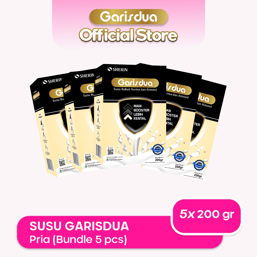 

GARISDUA - 5PCS Susu GarisDua PRIA (5x200gr) - Susu kesuburan Pria, Meningkatkan Kualitas Sperma - Alami | BPOM & Halal MUI