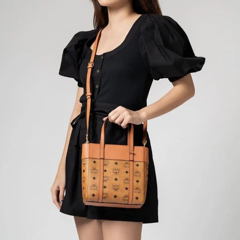 MCM Mini Aren Top Zip Tote Crossbody Bag Cognac