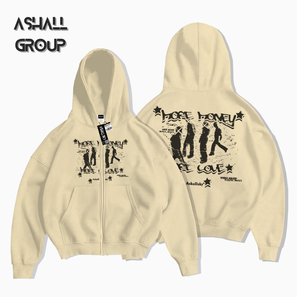 Wahyu Jaket Sweater Hoodie Boxy Double Zipper Motif Hore Cream Oversize Unisex Hoodie Boxy Zipper Ho