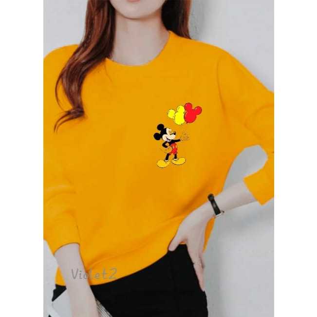 KAOS ATASAN WANITA LENGAN PANJANG DEWASA MOTIF BALON MICKEY MOUSE TRENDY KEKINIAN GAMBAR CETAK PRINT