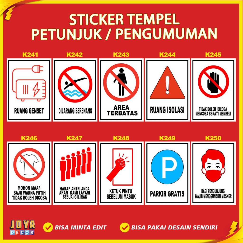 

Sticker Stiker Petunjuk Warning Pengumuman ruang genset area terbatas ruang isolasi parkir gratis kk241