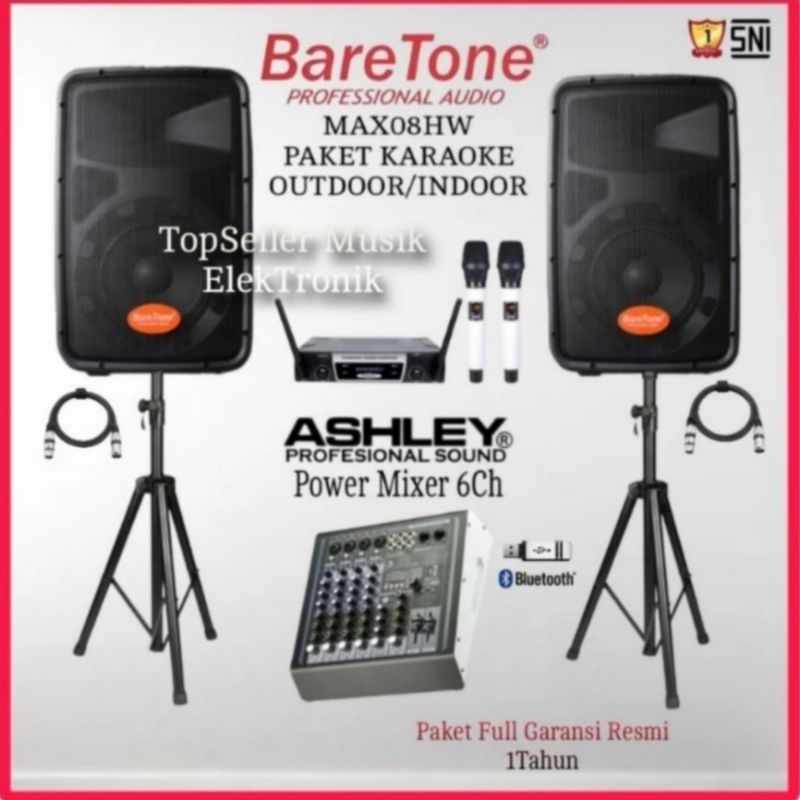 Paket Sound Speaker Passive BareTone MAX08HW Power Mixer ashley 2 Mic Wireless Komplit Garansi Resmi