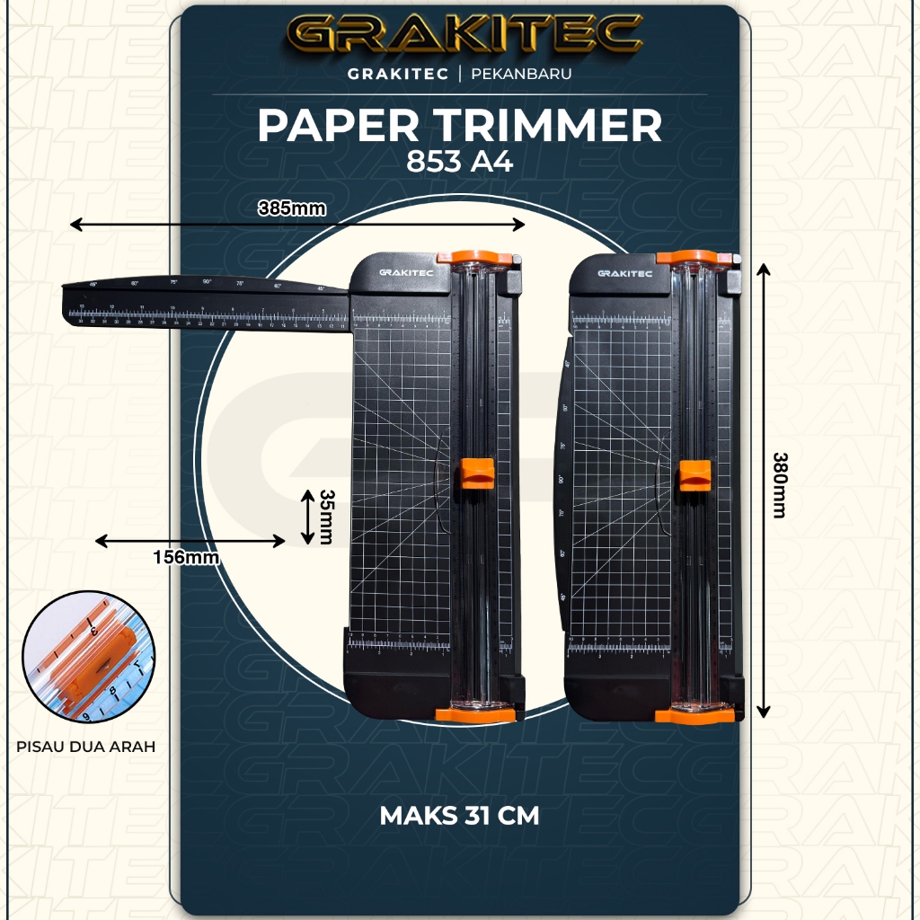 

Alat Pemotong Kertas A4 / A3 Vertikal / Paper Cutter / Paper Trimmer 853 A4 GRAKITEC Maks 31 CM