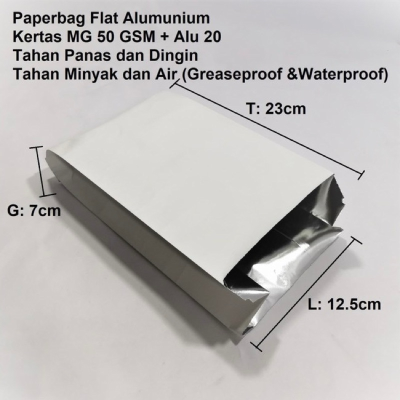 

Paperbag Flat Alumunium Foil 12.5x7x23cm Tahan Panas, Dingin, Minyak, Air