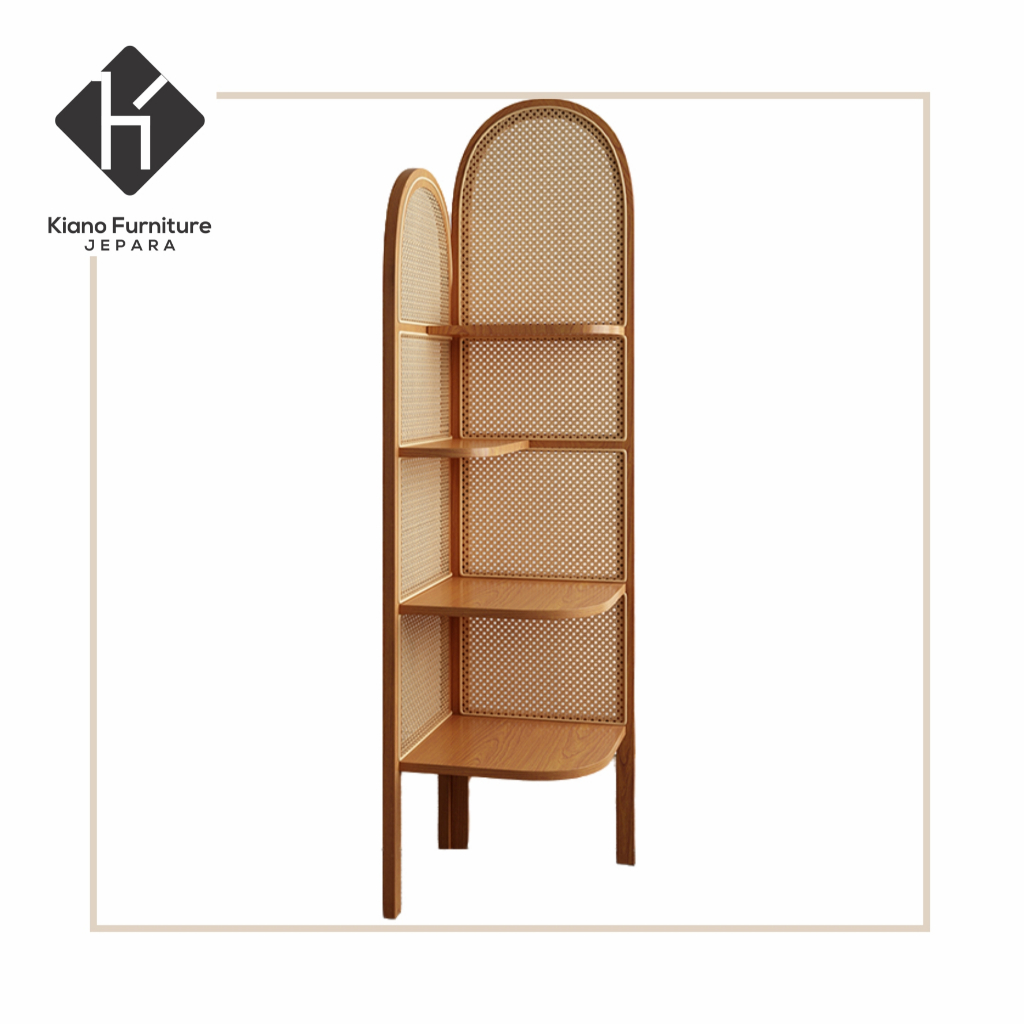 Kiano Furniture Rak Sudut Estetik dari Kayu Jati dan Rotan Ras Sudut Minimalis Modern Corner Shelf