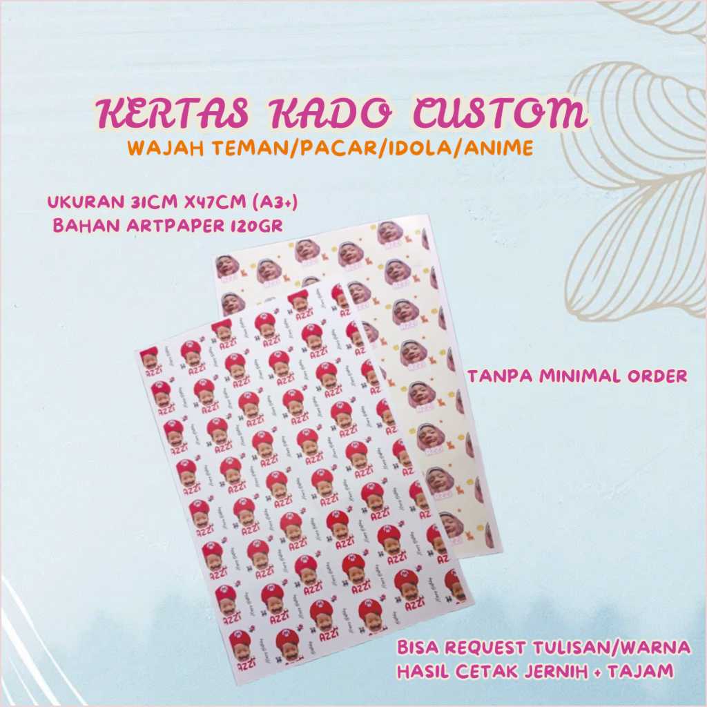 kertas kado custom wajah estetik tanpa minimsl order