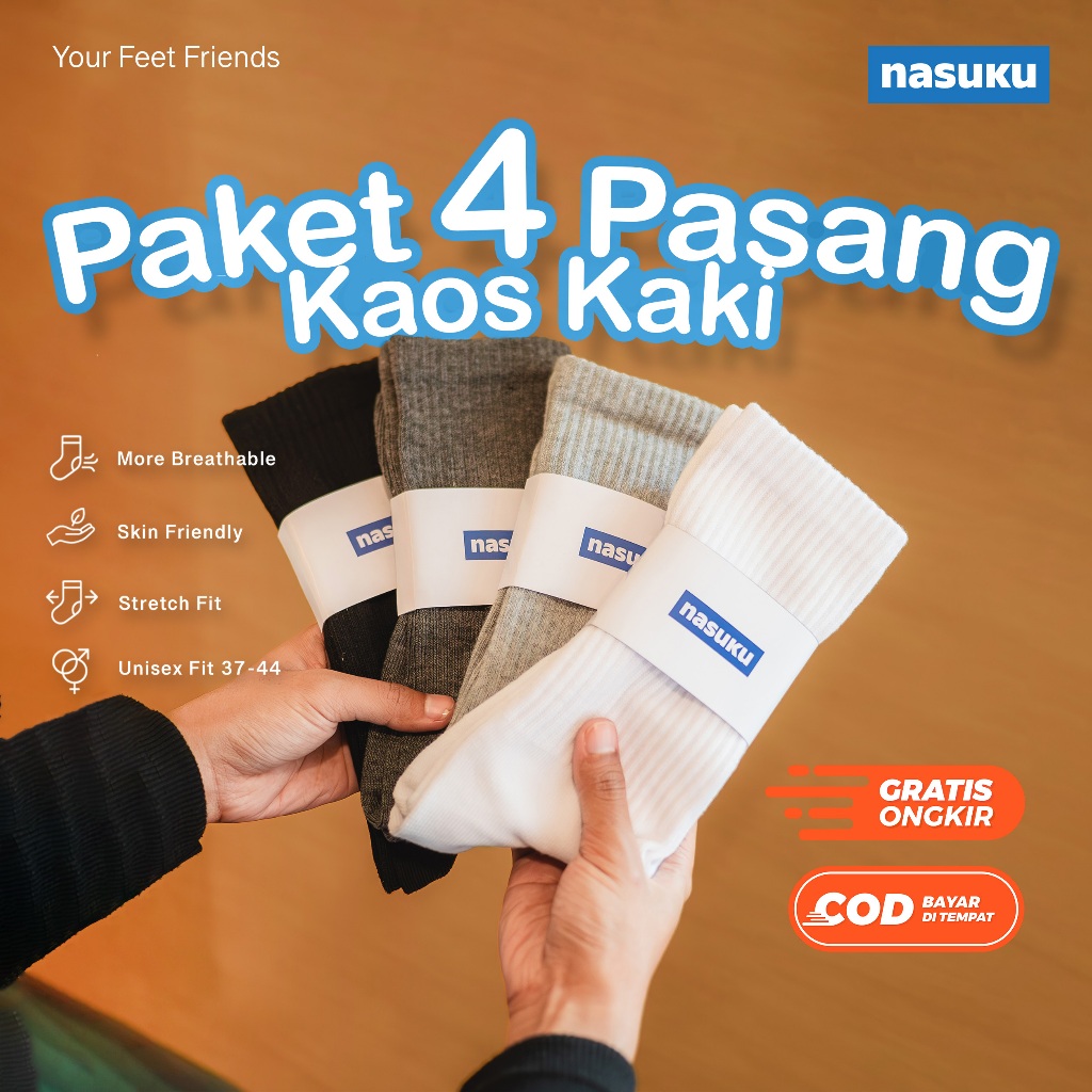 Nasuku - Paket 4 Pasang Kaos Kaki Panjang Motif Polos Basic - Kaos Kaki Bundle 4 Pasang