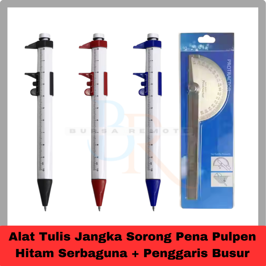 

Alat Tulis Jangka Sorong Pena Pulpen Hitam Serbaguna + Penggaris Busur 180 Derajat Bahan Stainles Plastik