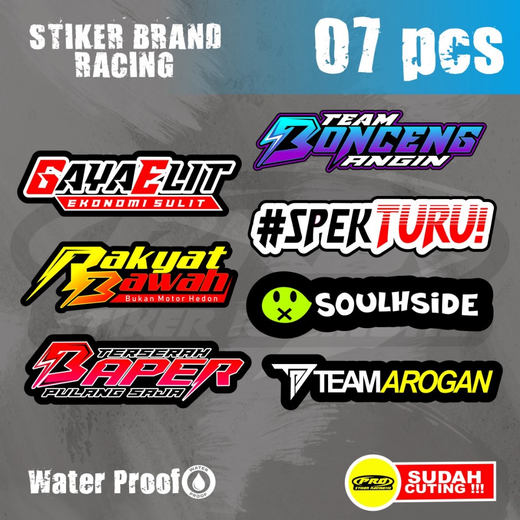 

PACK STIKER PAKET ISI 7PCS BRAND RACING SAYA ELIT MURAH BERKUALITAS VYNIL