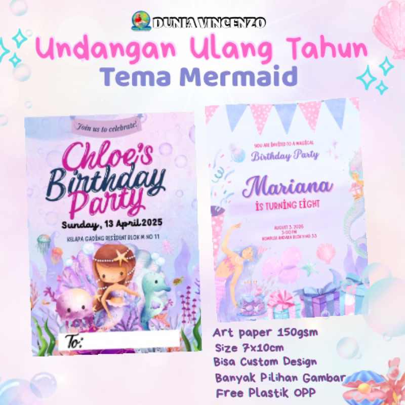 UNDANGAN ULANG TAHUN ANAK TEMA MERMAID / KARTU UNDANGAN ULANG TAHUN MERMAID / UNDANGAN ULANG TAHUN A