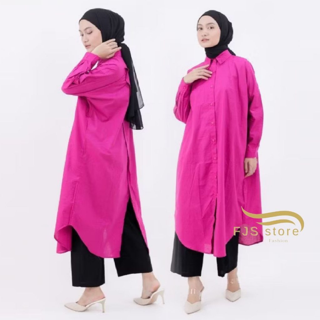 FJS - Kemeja Wanita Tunik Katun Linen Oversize Atasan Dress Dwyne Lengan Panjang Oversize Belah Bela