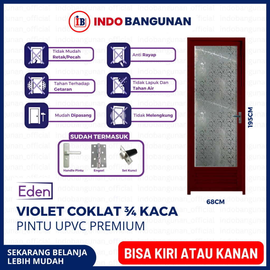 PINTU KAMAR MANDI WC 3/4 KACA ALUMUNIUM KUAT TAHAN CUACA 65X198 EDEN VIOLET COKLAT