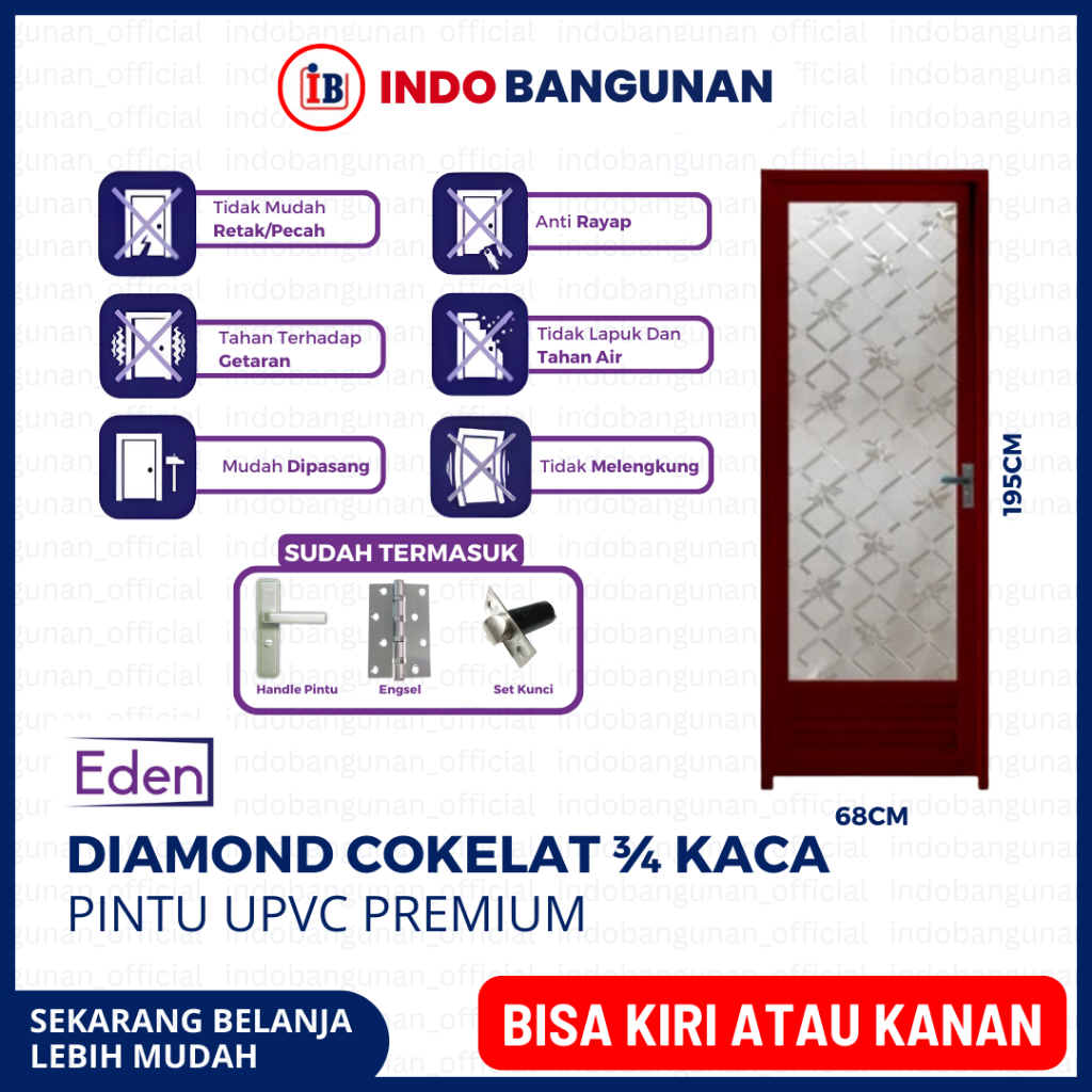 PINTU KAMAR MANDI WC 3/4 KACA ALUMUNIUM KUAT TAHAN CUACA 65X198 EDEN DIAMOND COKLAT